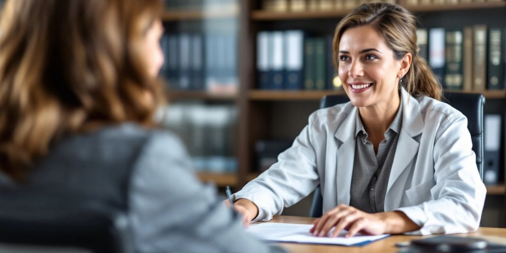 Lawyer consulting with a client in a professional setting.