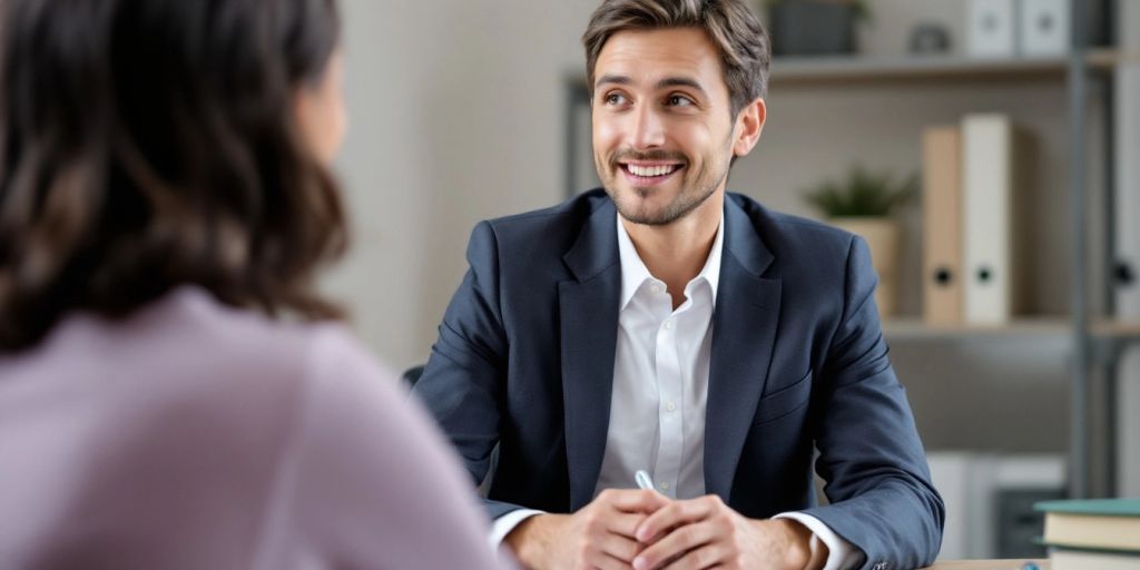 Lawyer consulting with client in office setting.