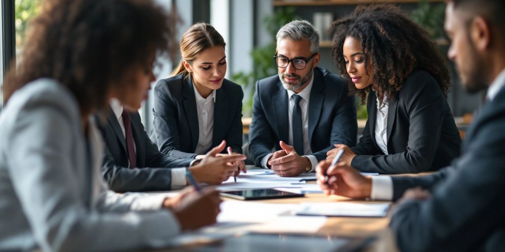 Group of attorneys in a modern office discussing a case.