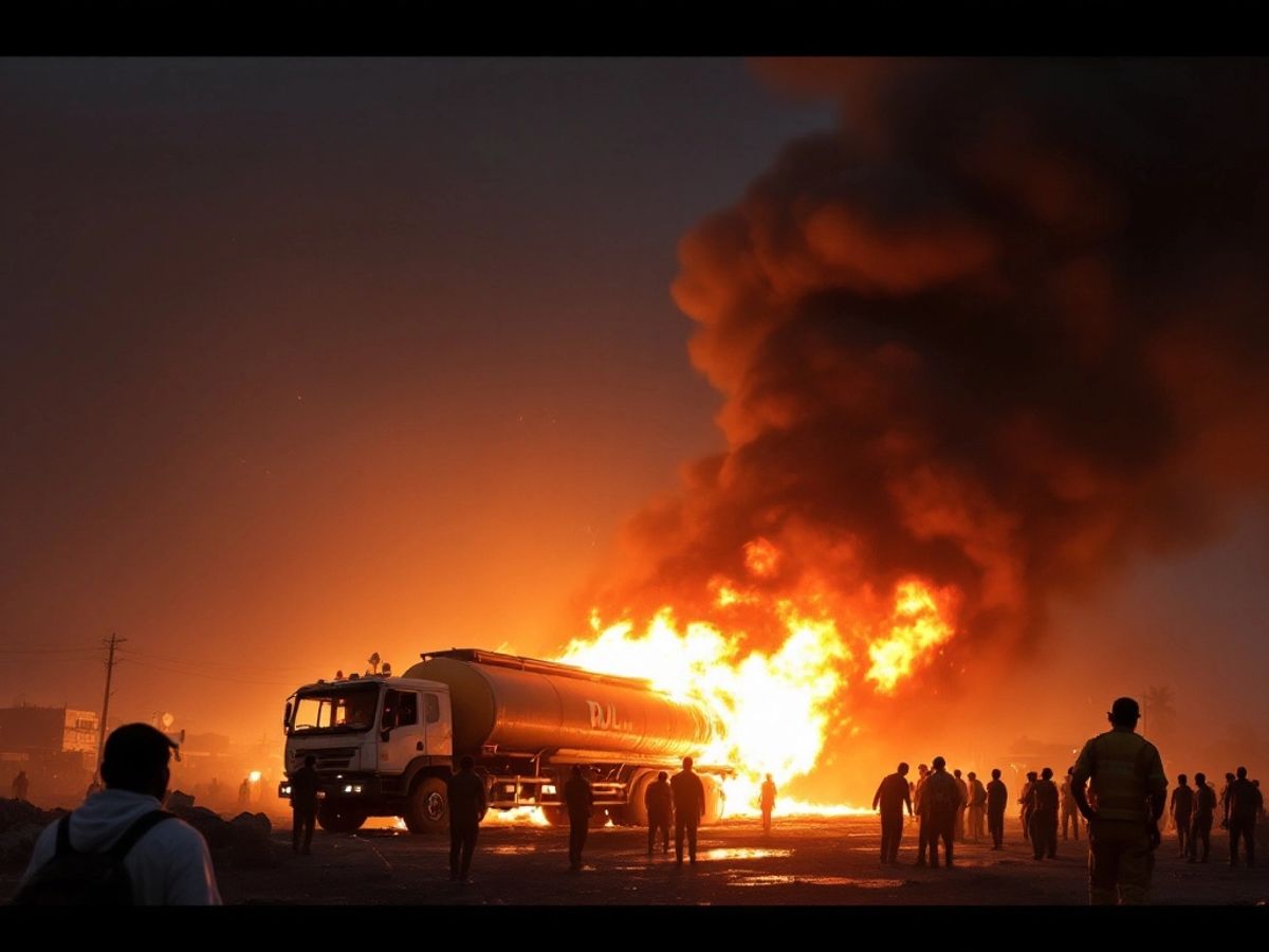 Fuel tanker explosion in Nigeria with flames and smoke.