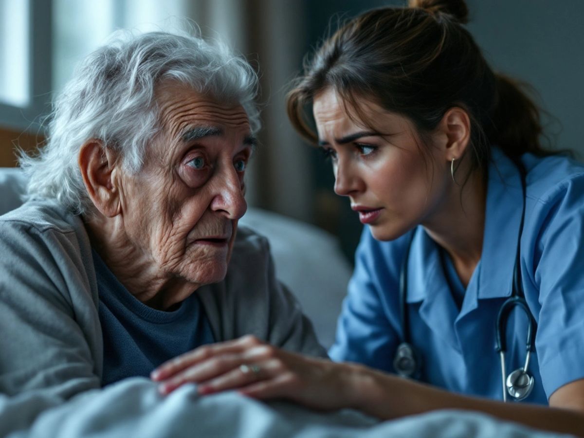 Nurse talking to distressed elderly resident in nursing home.