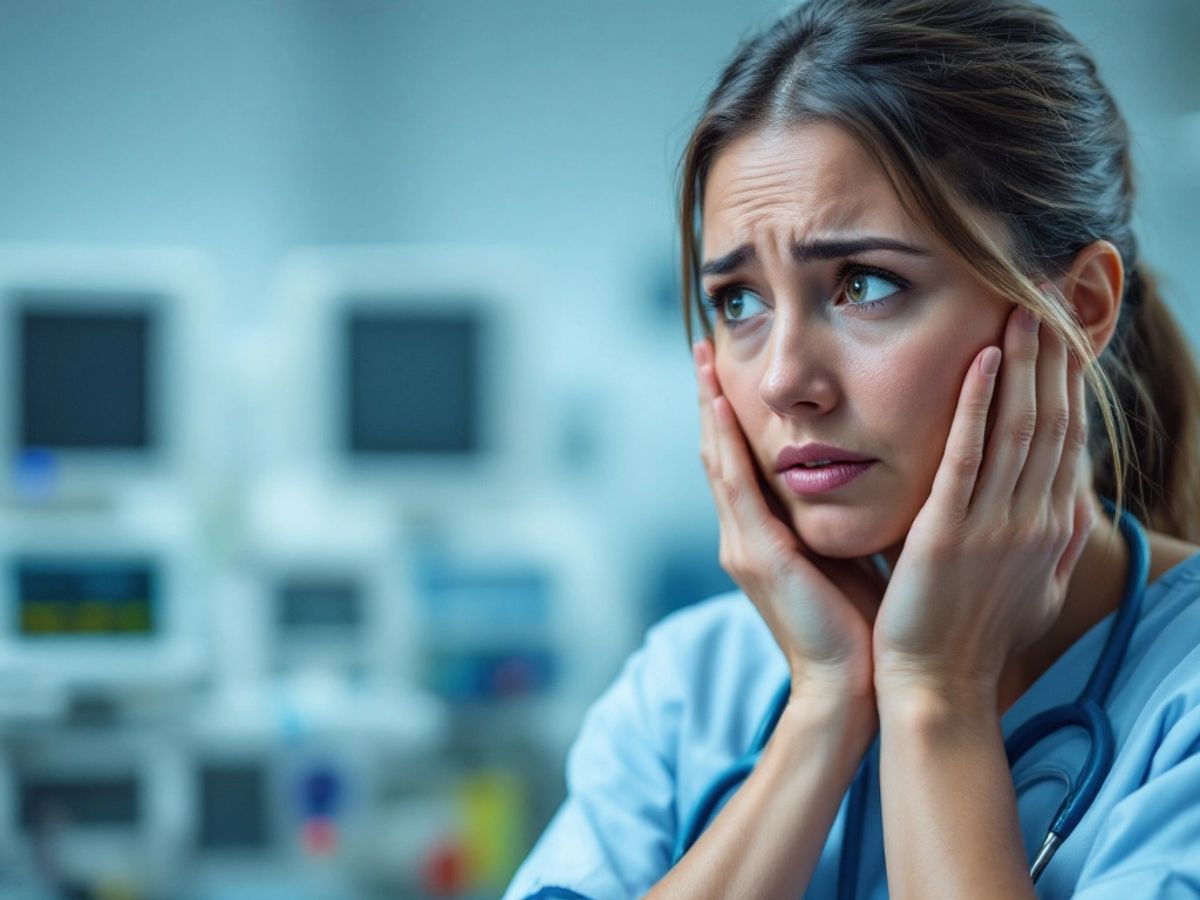 Distressed nurse in a hospital, reflecting serious concerns.