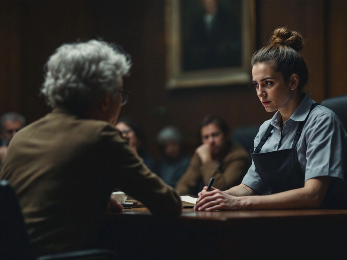 Courtroom with a defendant in care worker uniform.