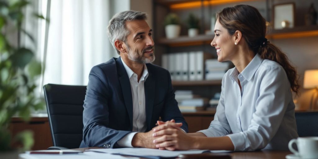 Attorney consulting with a client in a legal office.