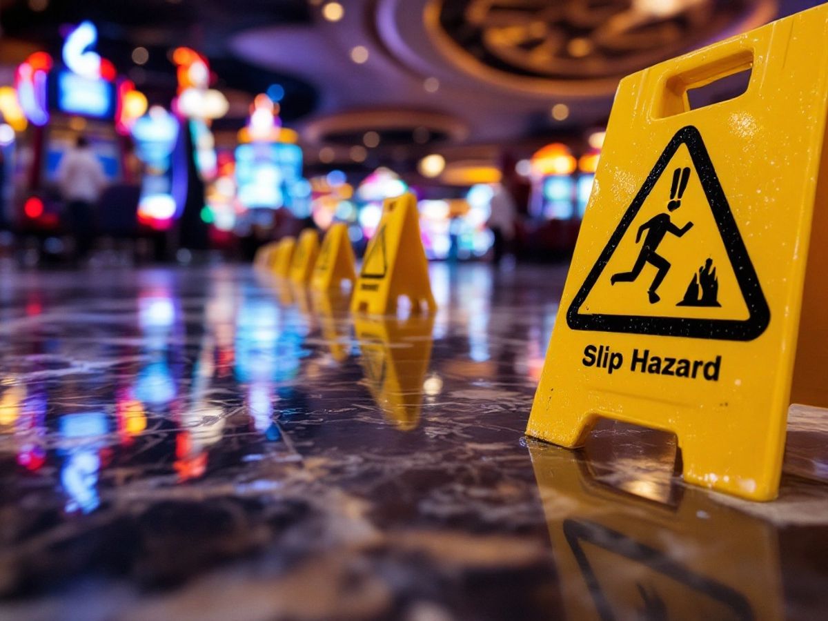 Wet casino floor with potential slip hazard.