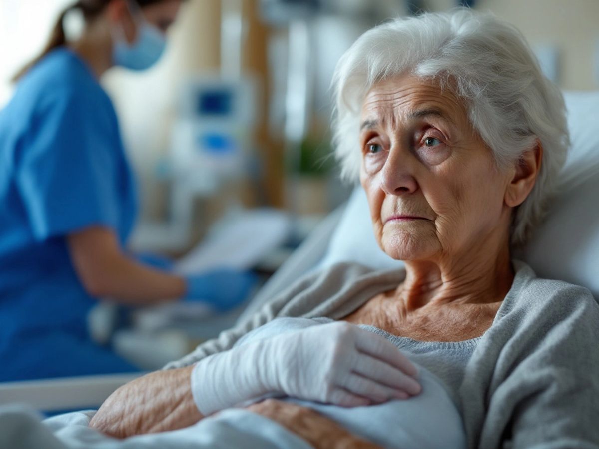 Elderly woman in hospital bed with bandaged arm.