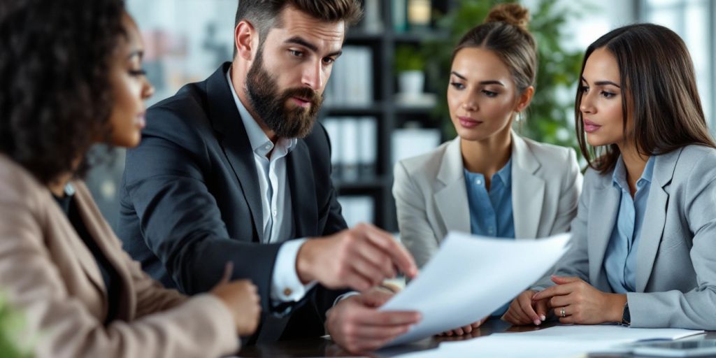 Group of lawyers collaborating in a modern office.