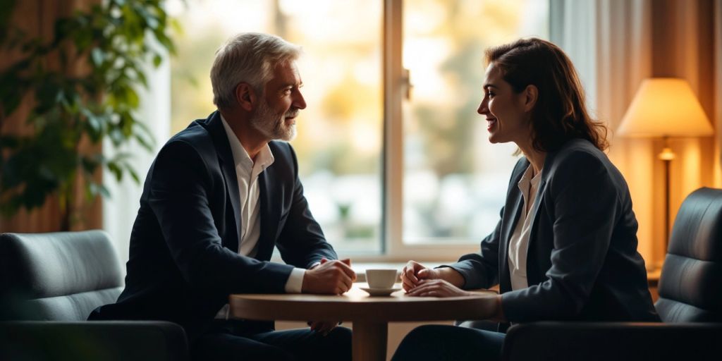 Lawyer and client discussing legal options in office.