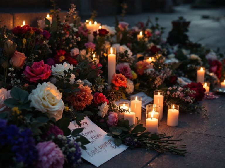 Candlelight vigil with flowers honoring a lost community member.