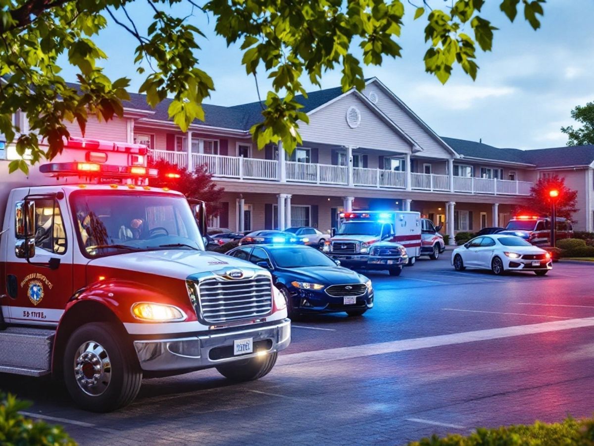 Nursing home with emergency vehicles outside.