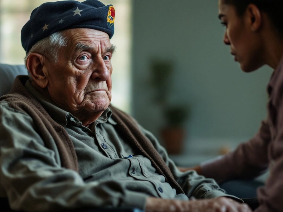 Family member visiting disabled veteran in nursing home.