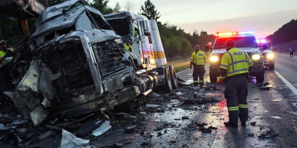 Damaged Mack truck at crash site with responders.