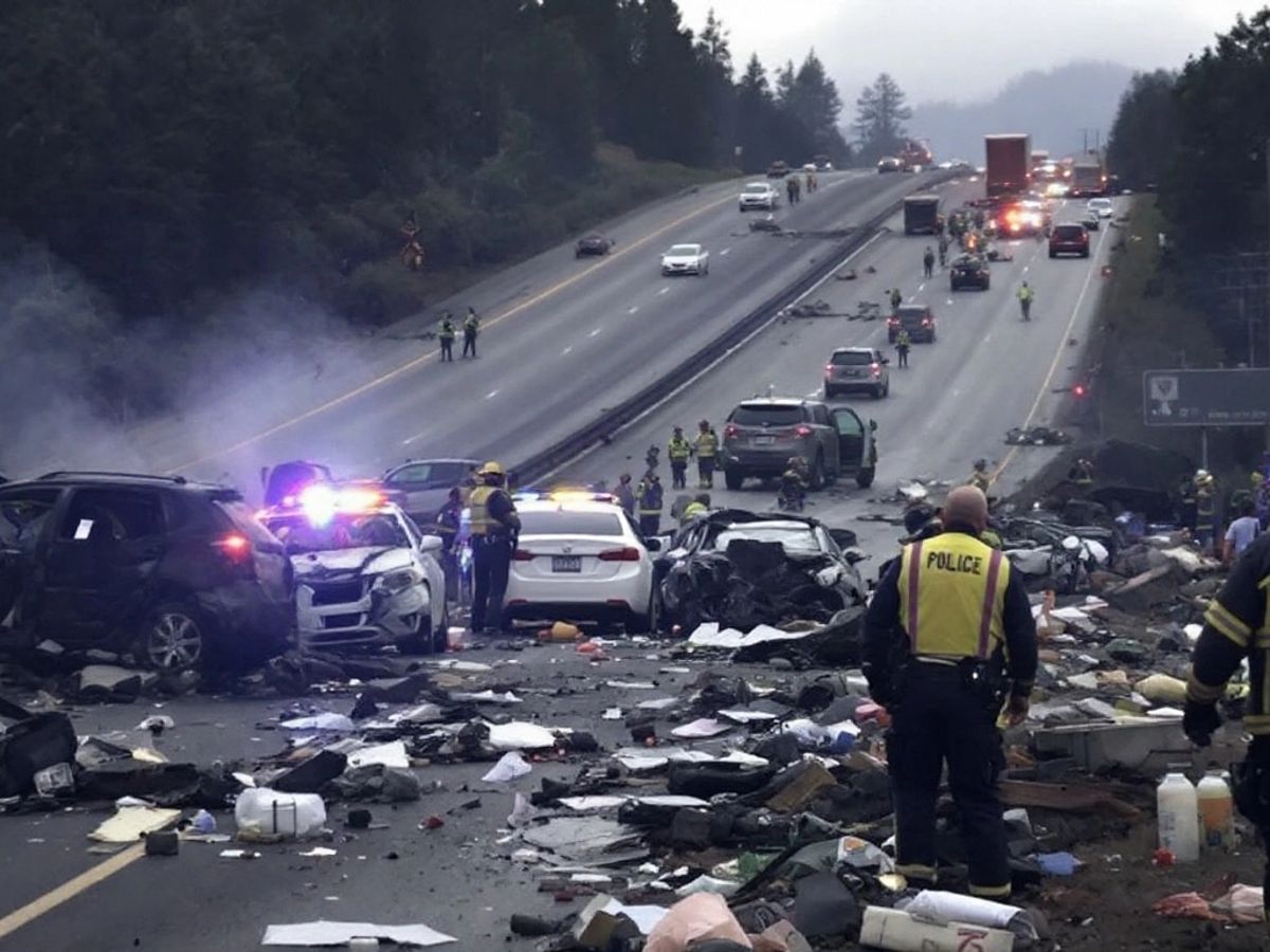 Emergency responders at a tragic multi-vehicle crash site.