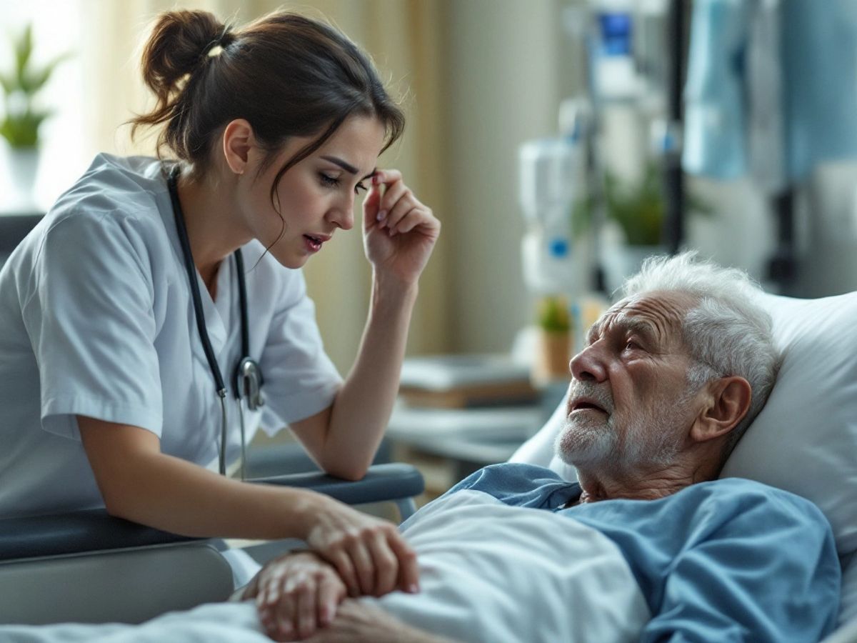 Nurse assisting distressed elderly patient in rehabilitation facility.