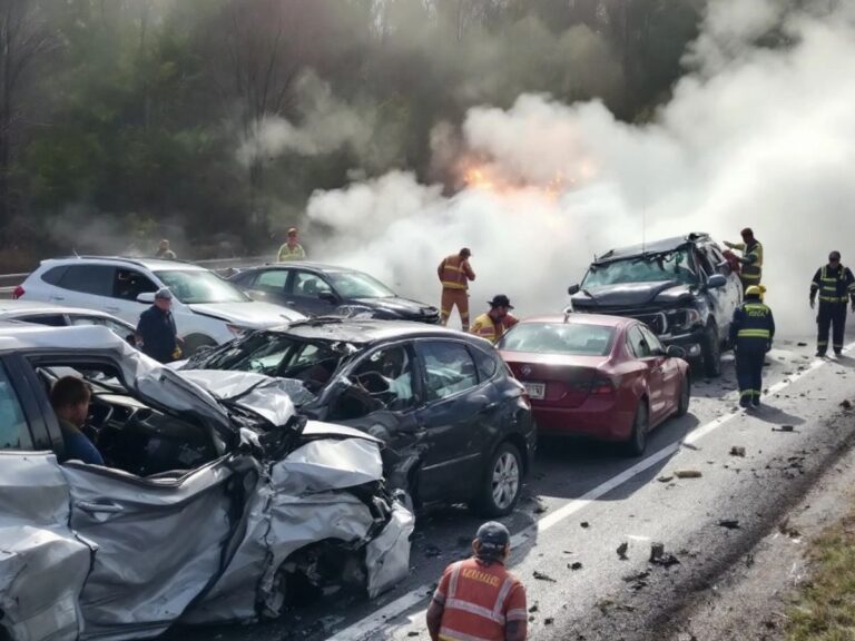 10-vehicle pileup on highway with damaged cars and debris.