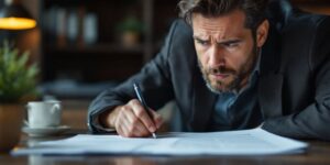 Concerned individual in a lawyer's office with documents.