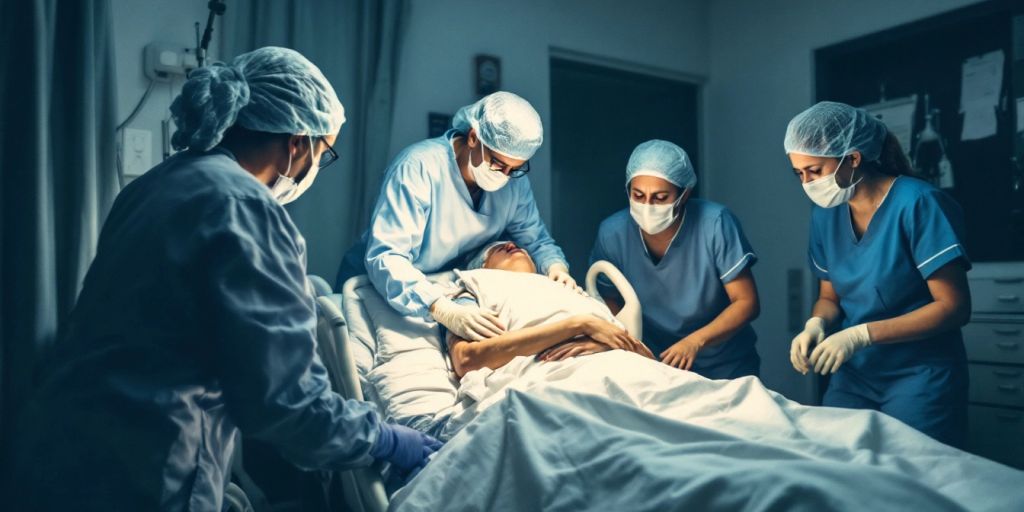 Nursing home staff caring for a patient in distress.