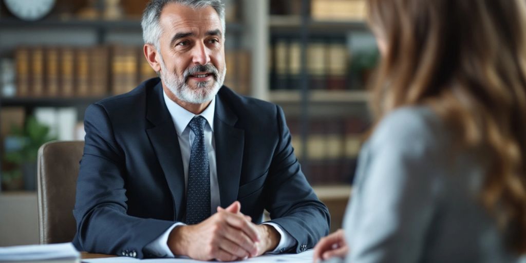 Lawyer consulting with a client in an office.