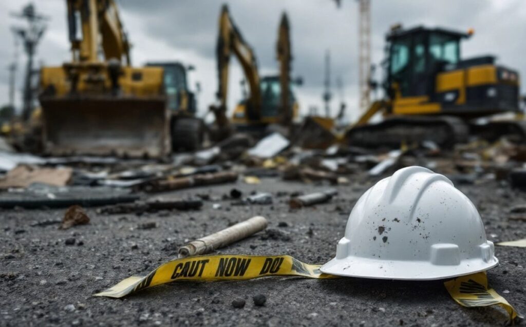 Construction site with debris and abandoned hard hat.