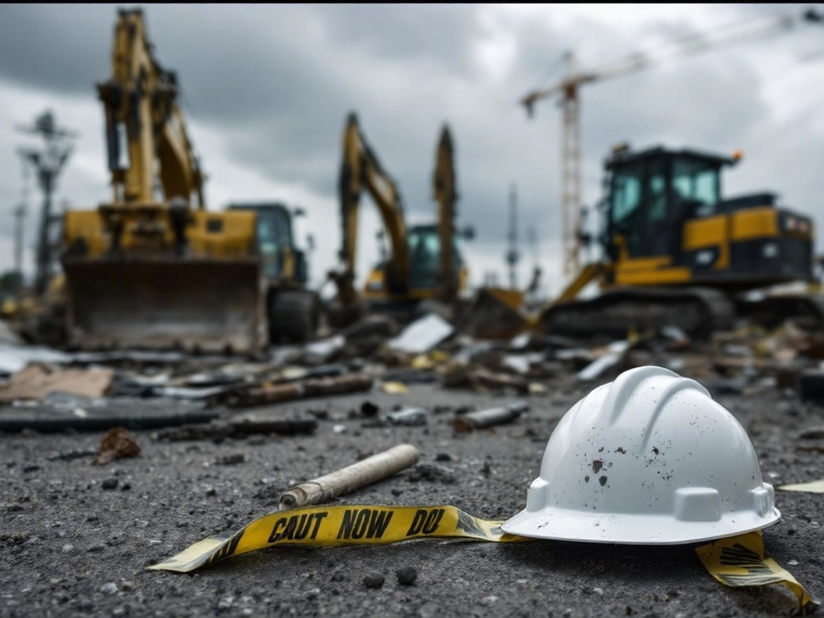 Construction site with debris and abandoned hard hat.