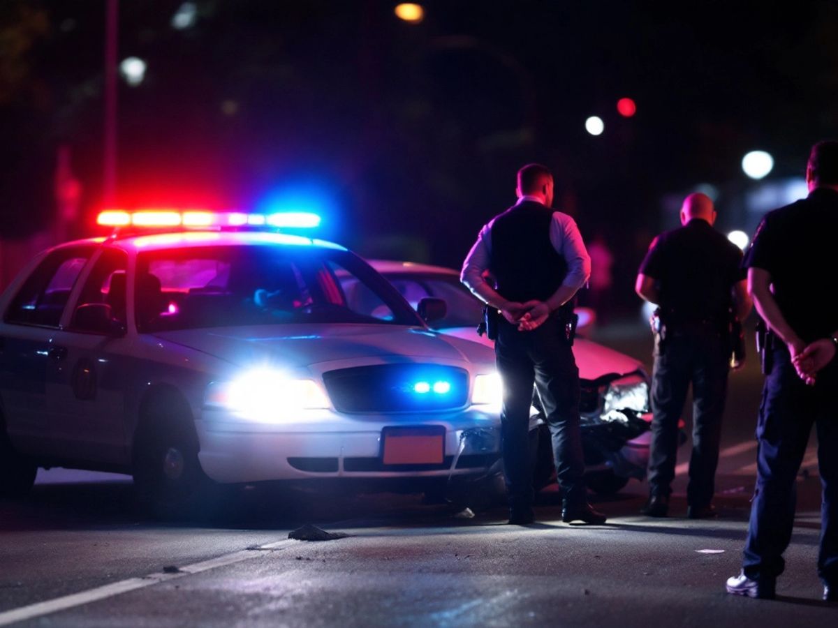 Police car at night with handcuffed man nearby.