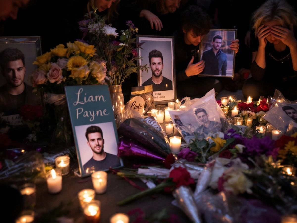 Candlelit vigil for Liam Payne with flowers and photos.