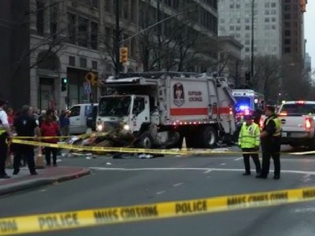 Garbage truck accident scene with emergency vehicles present.