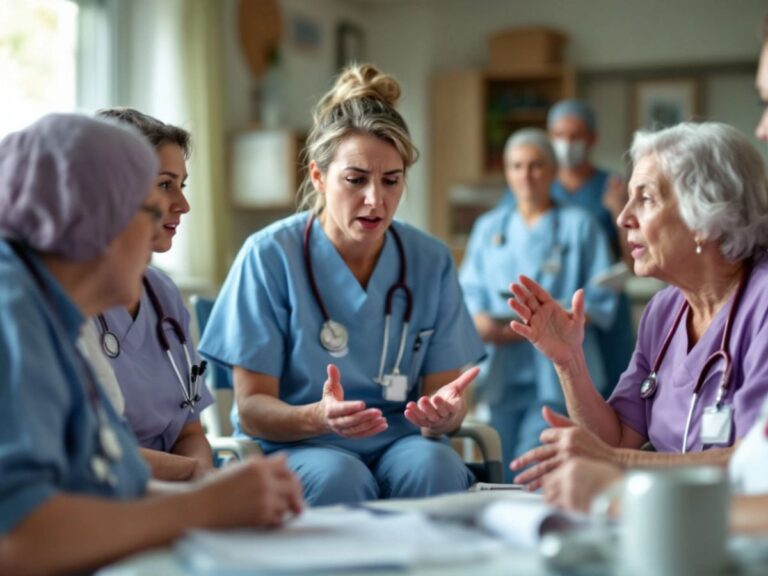 Nursing home staff discussing care strategies in a facility.