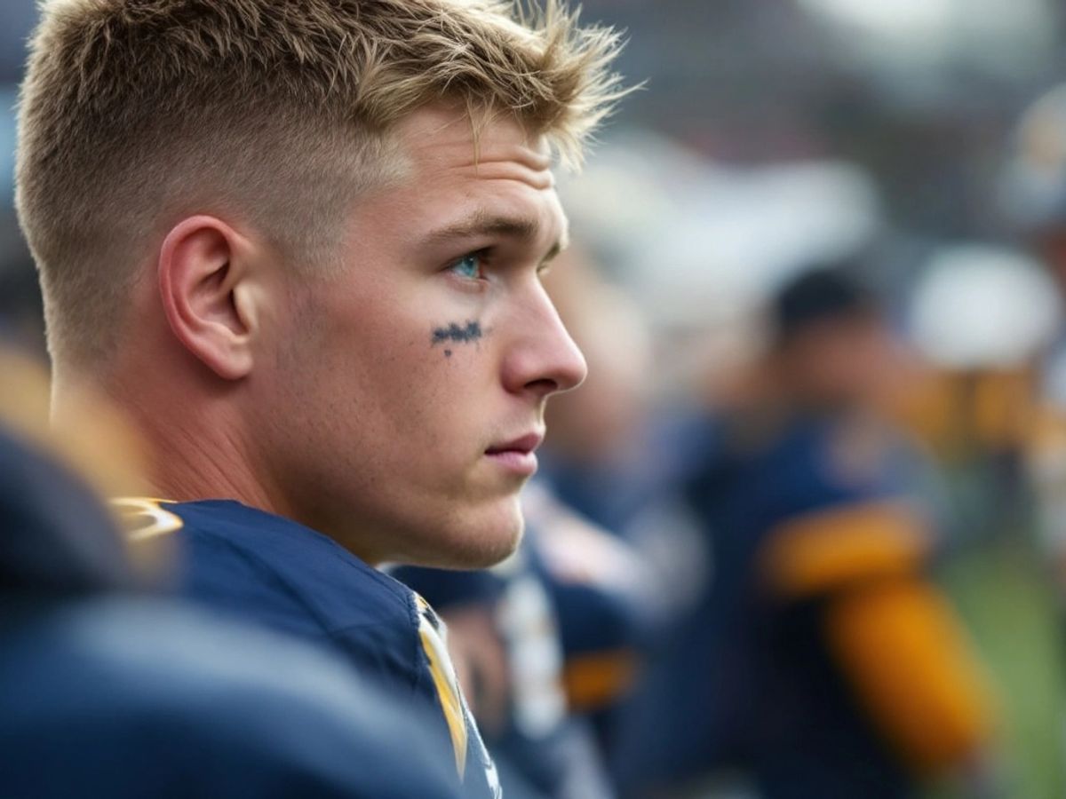 Grayson McCall in football gear, looking thoughtful on sidelines.