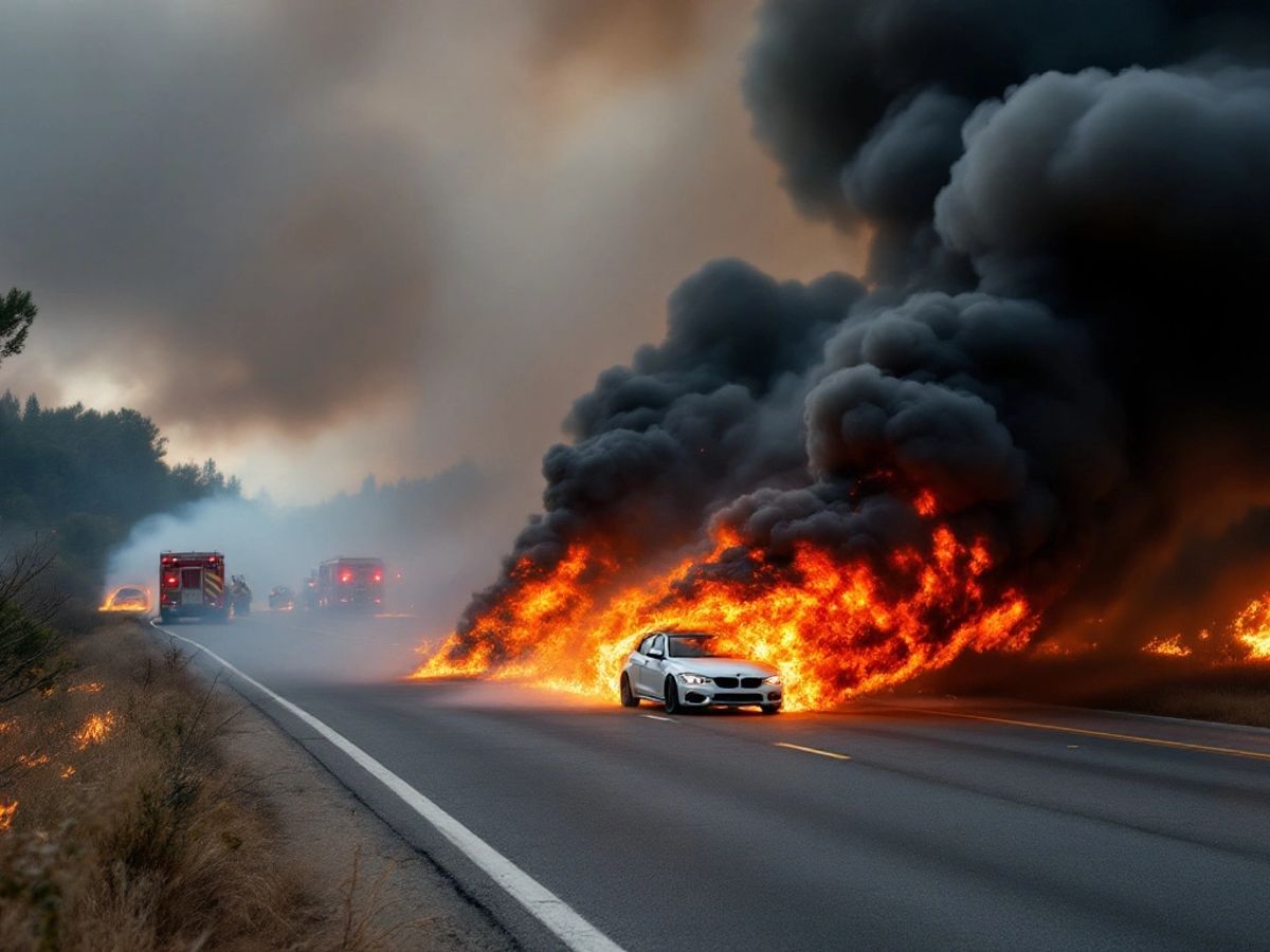 Burning car on highway with smoke and fire.