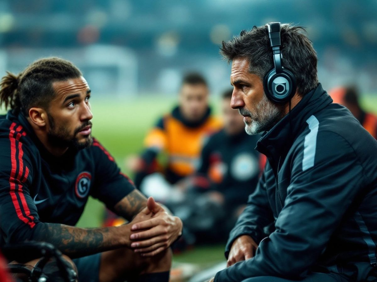 Simeone monitors injured player on the sidelines.