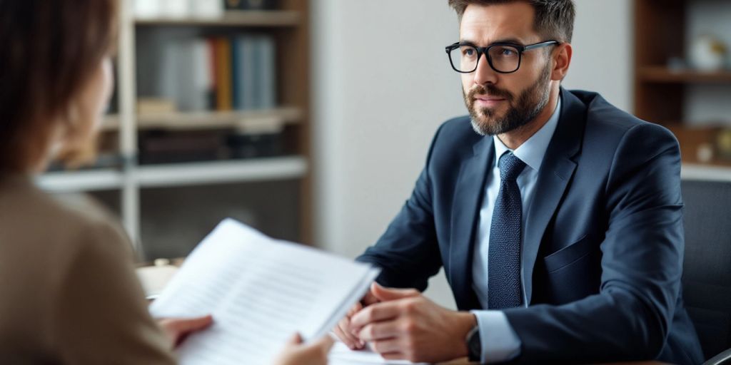 Attorney consulting with a client in a professional office.