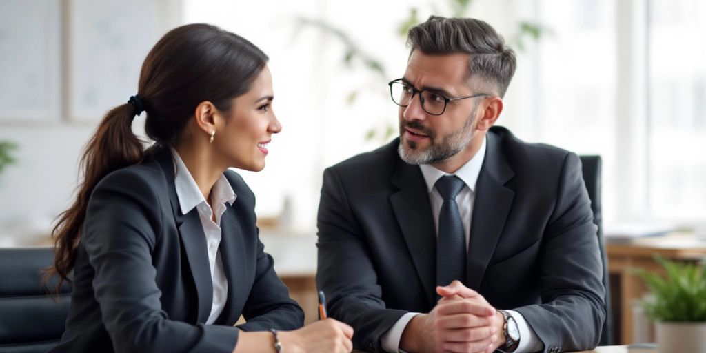 Attorney consulting with a client in office setting.