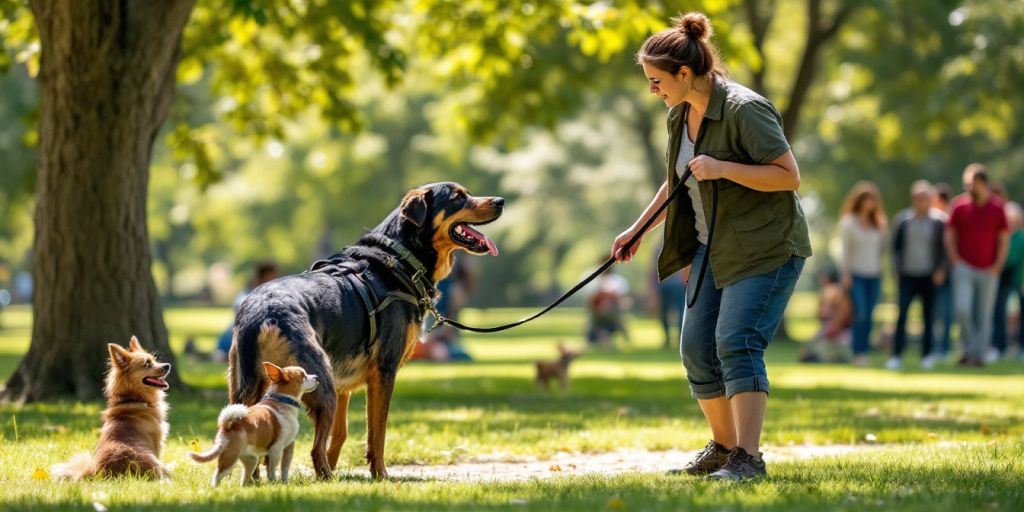 Concerned dog owner with a large dog on a leash.