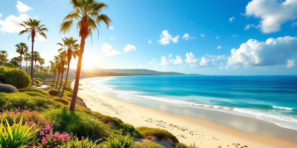 California beach with palm trees and sunny skies.