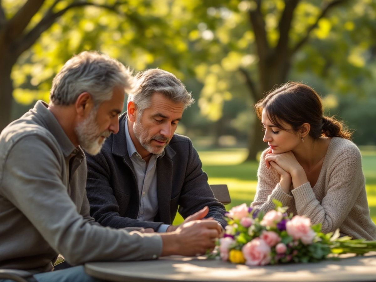 Family gathering in a park, flowers on a table.