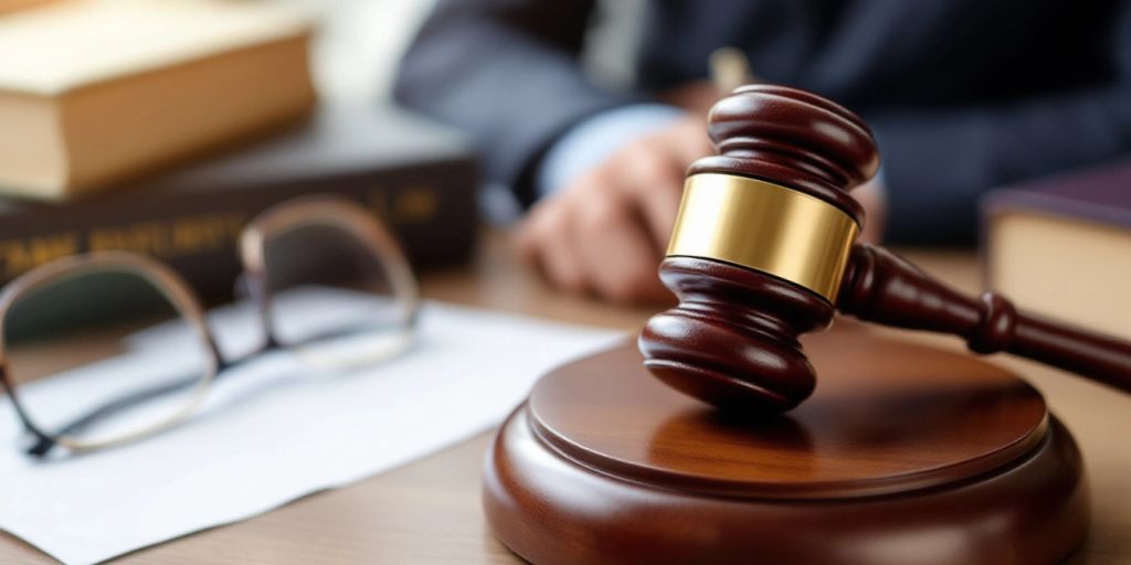 Gavel, legal books, and glasses on a table.