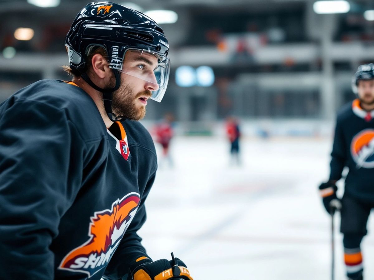 Hockey player practicing on ice during team training session.