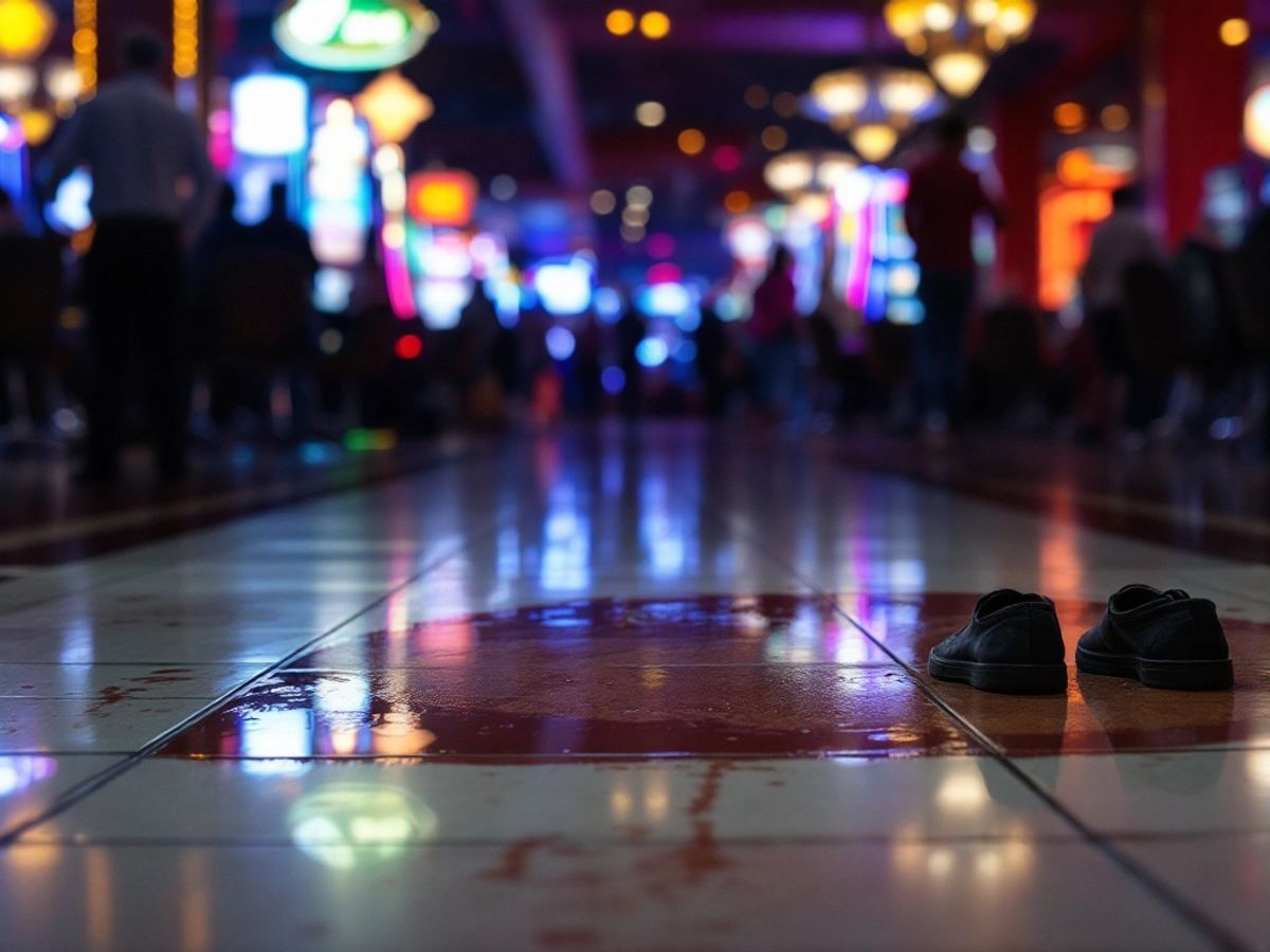 Wet casino floor with abandoned shoes near slip hazard.