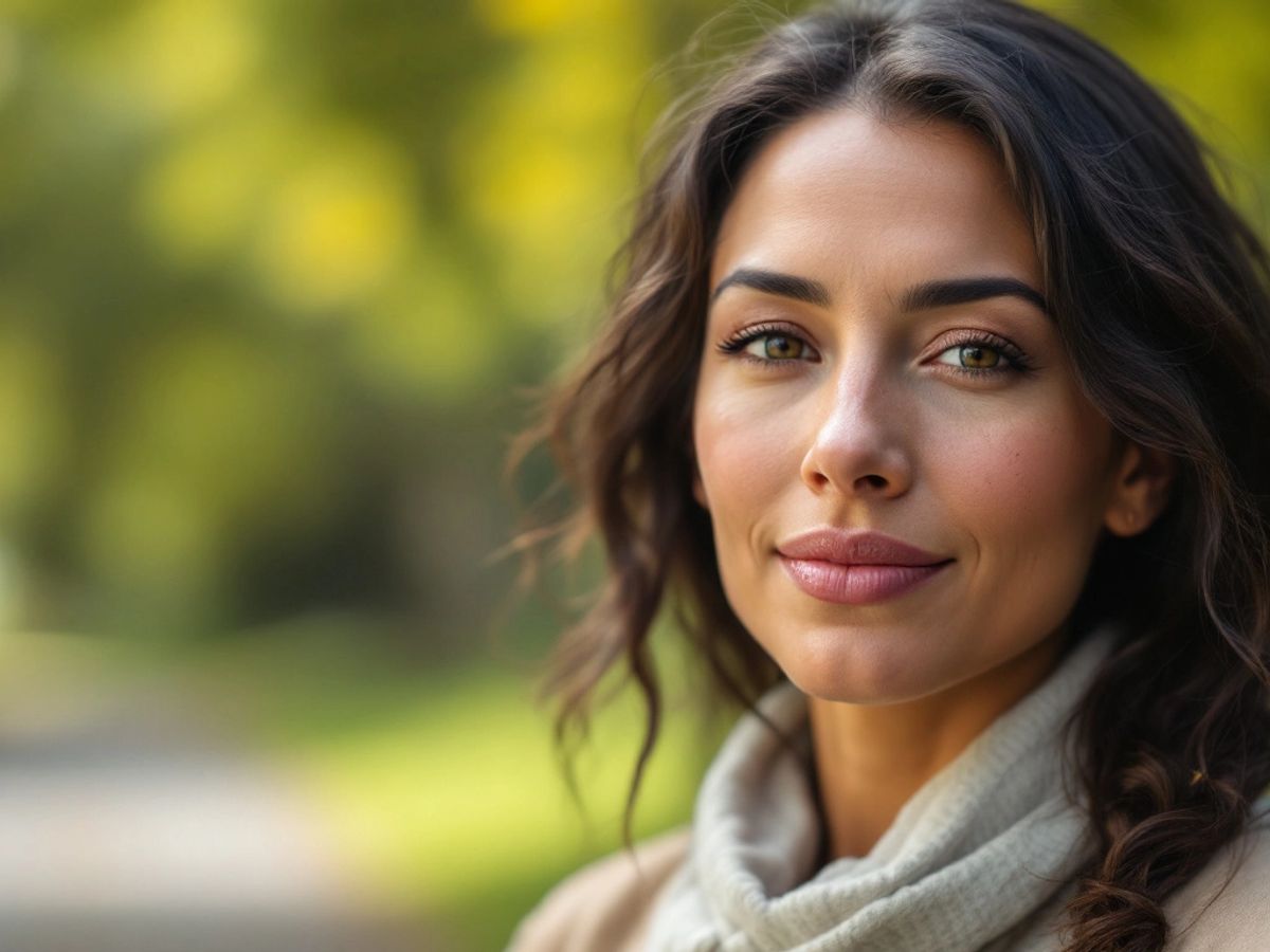 Woman with scars smiling in a sunny park.