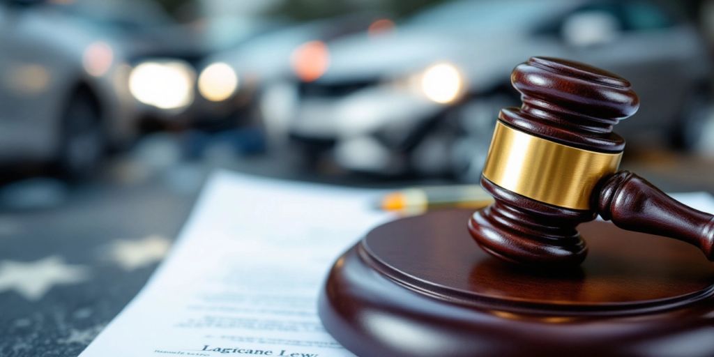 Gavel on legal documents with blurred accident scene.