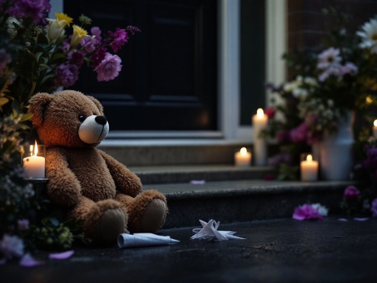 Teddy bear and flowers at a memorial site.