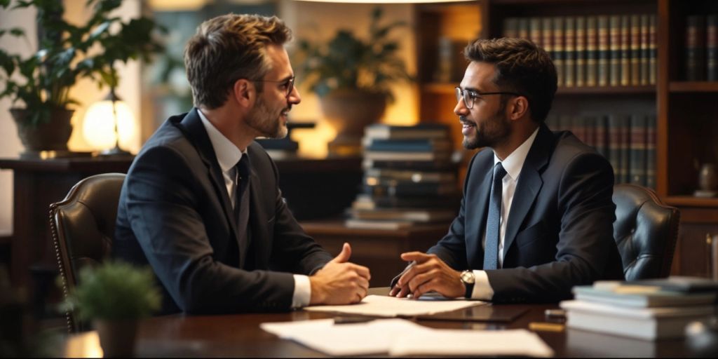 Lawyer and client discussing in a professional setting.