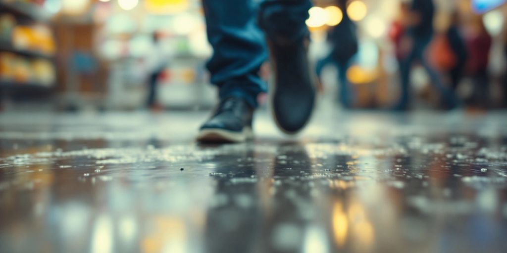 Person slipping on a wet floor in a busy area.