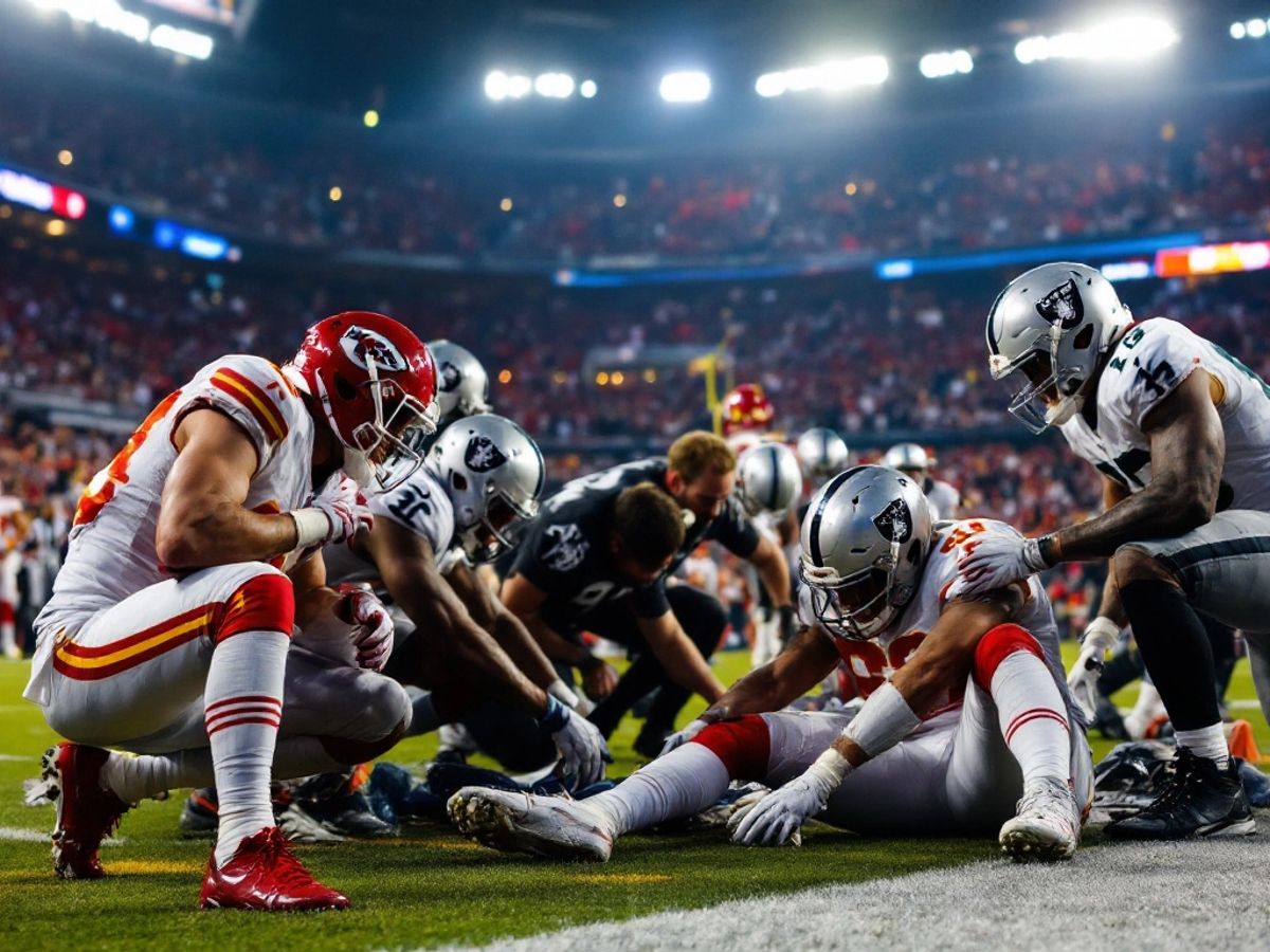 Chiefs and Raiders players on the field during the game.