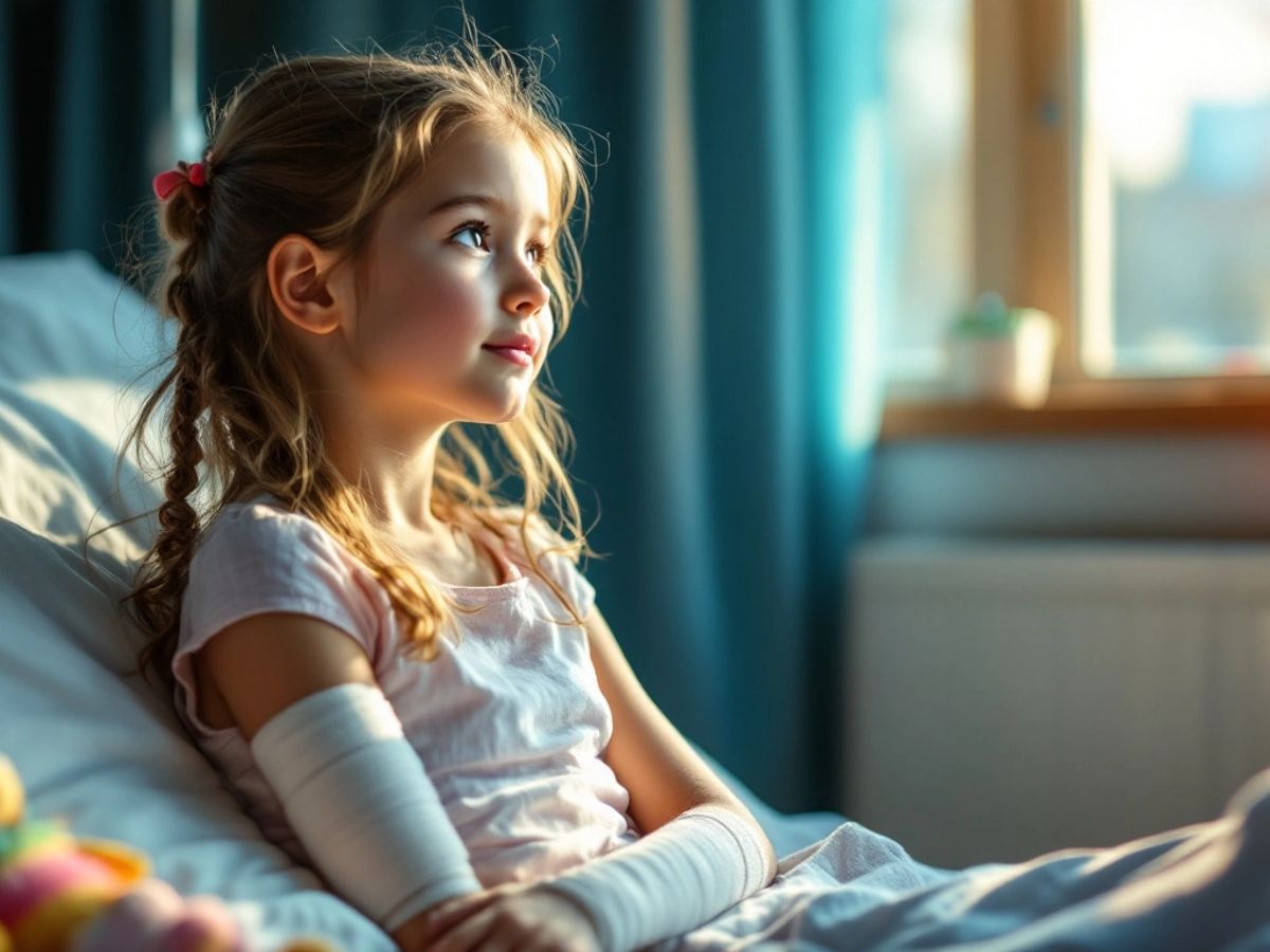 Girl in hospital with bandaged arm, looking out window.