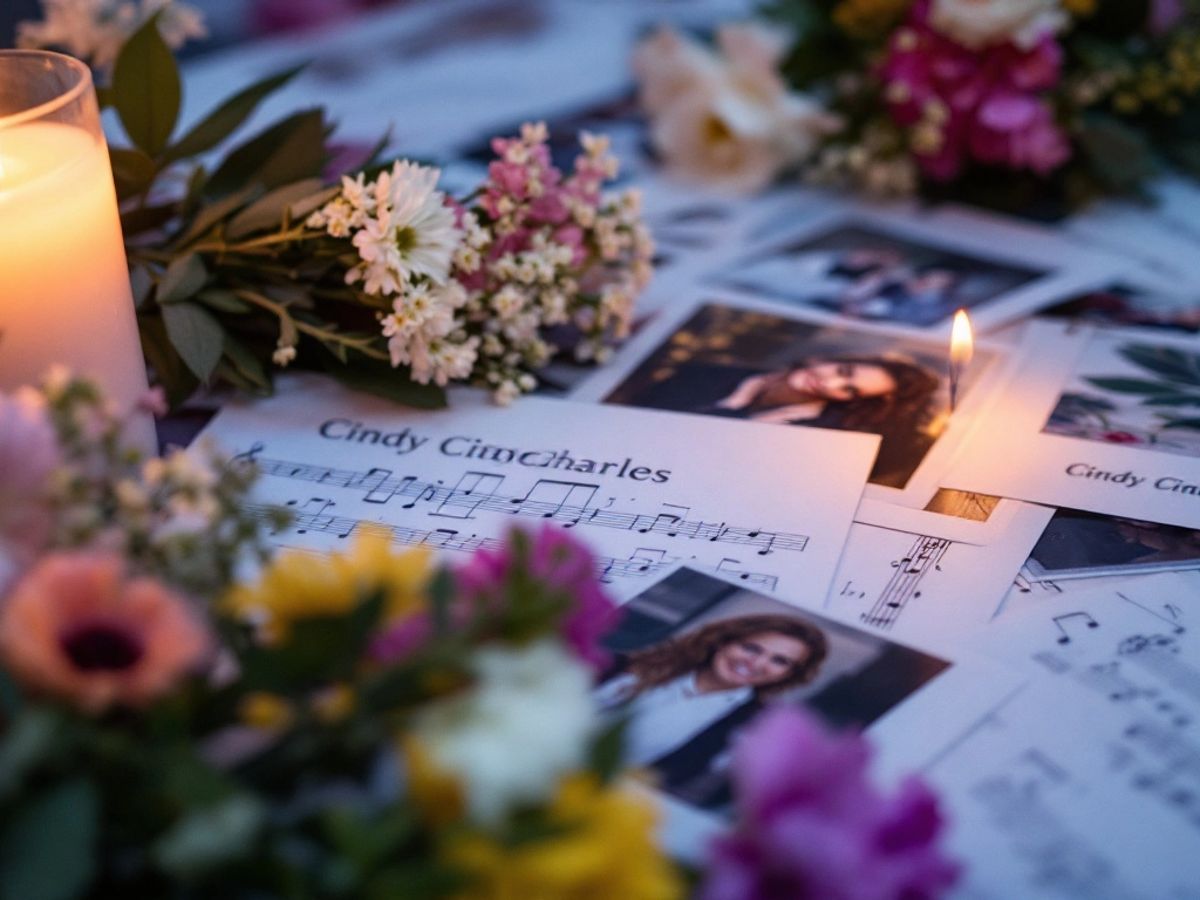 Candlelit vigil with flowers and photos of Cindy Charles.