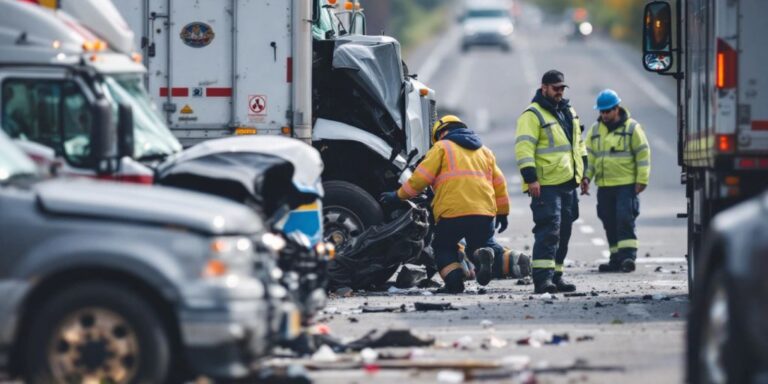 Truck accident scene with damaged vehicles and responders.