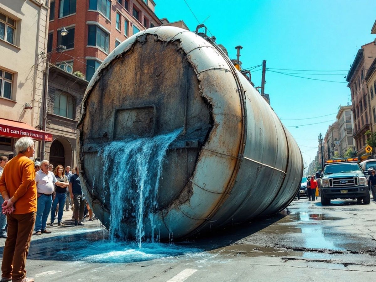 Woman shocked by fallen water tank on city street.