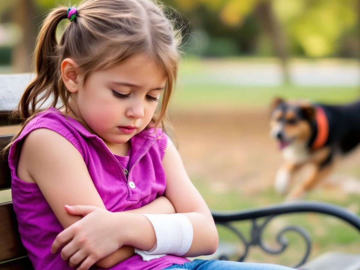 Young girl with a bandaged arm near a dog.